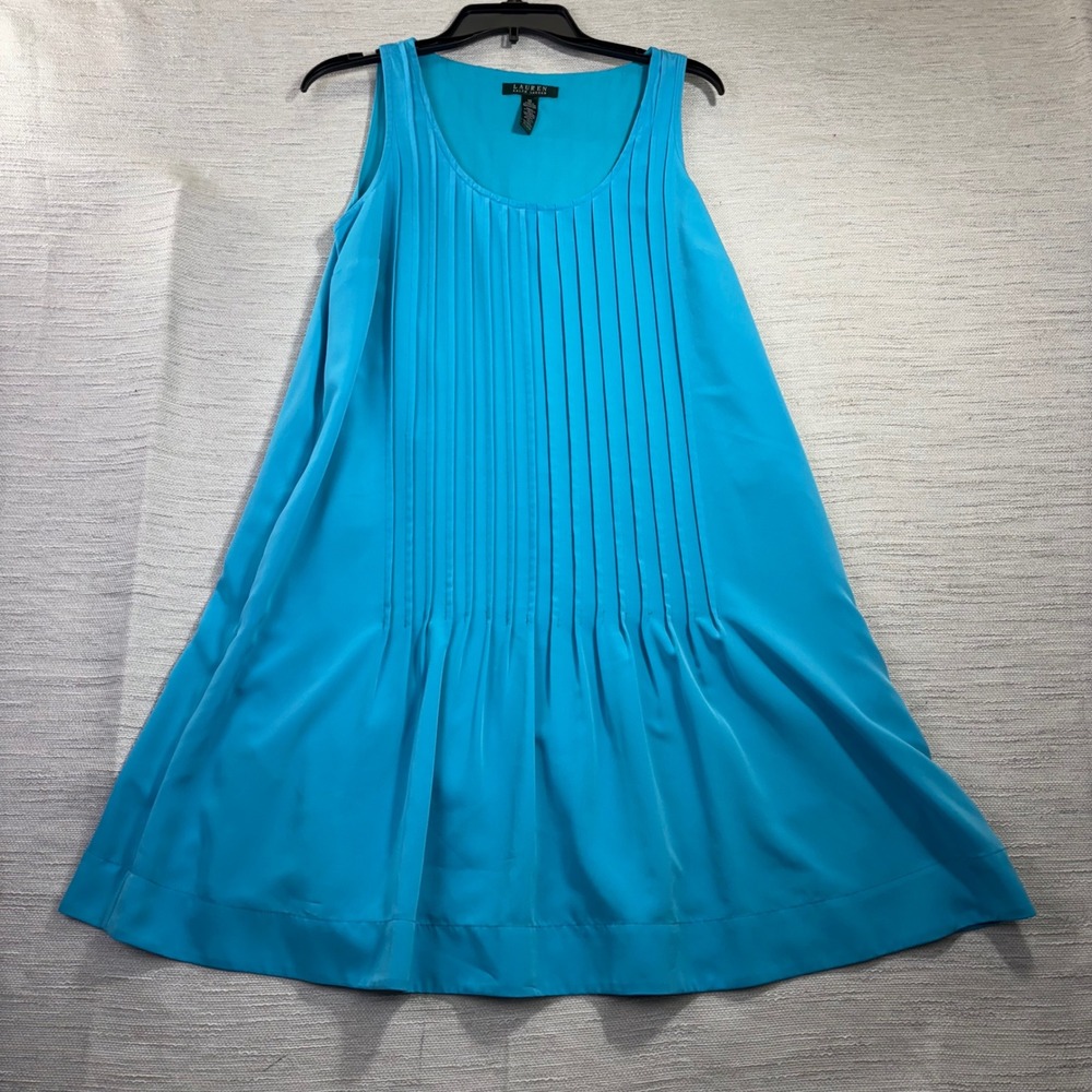 Lauren Ralph Lauren Turquoise‎ Blue Pleated Sleeveless Shift Dress Pockets 10
